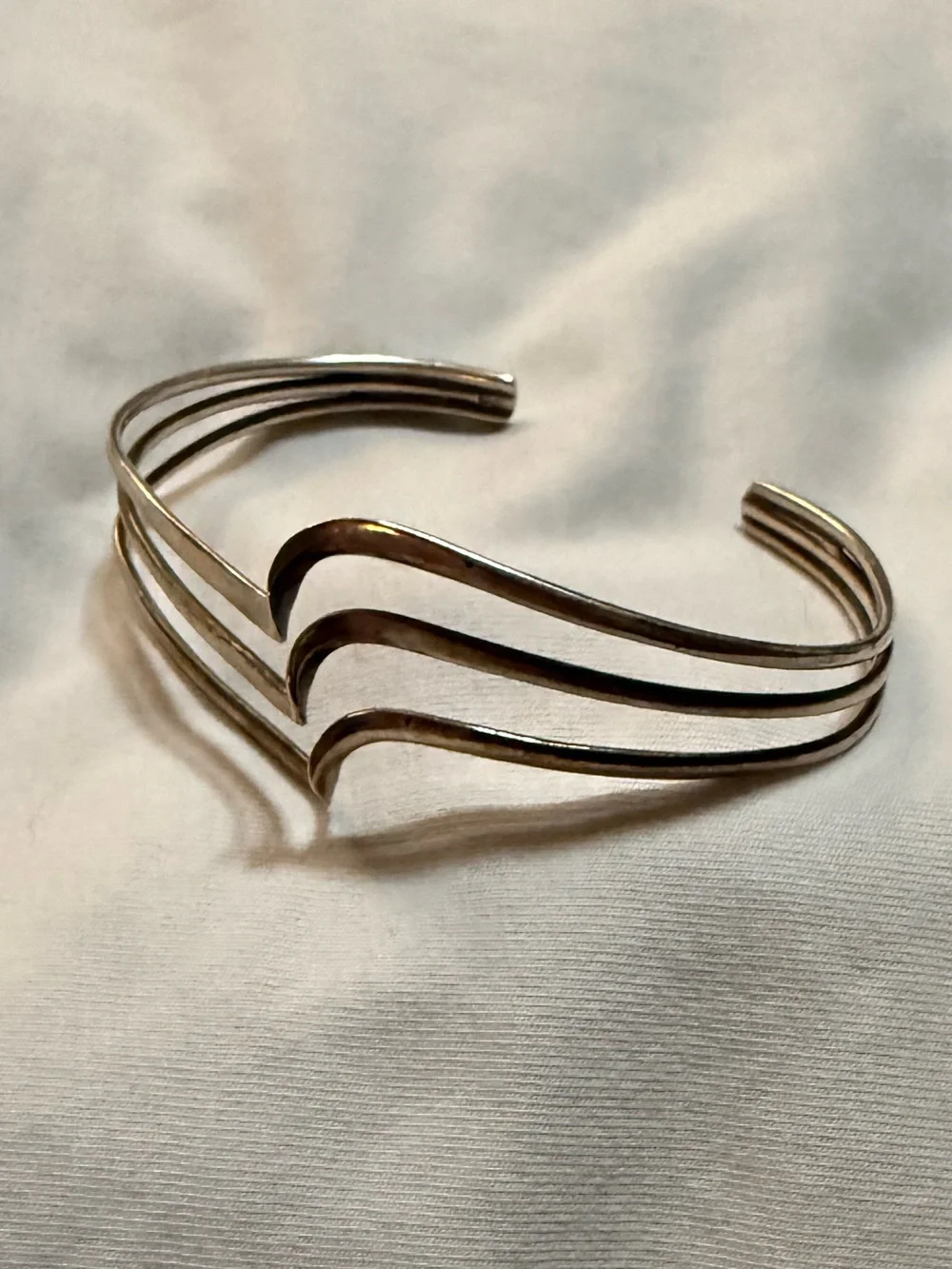 Silver Metal Open Cuff Triple Wave Bracelet, Silver Tone, No Stone